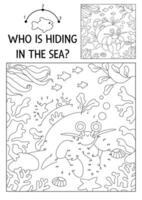 dot-to-dot and color activity with cute hermit crab hidden in landscape. Under the sea connect the dots game for children with funny water animal. Ocean life coloring page for kids vector