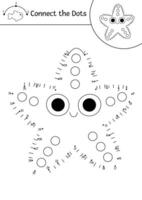 dot-to-dot and color activity with cute starfish. Under the sea connect the dots game for children with funny water animal. Ocean life coloring page for kids. Printable worksheet with star fish vector