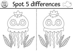 Find differences game for children. Under the sea black and white educational activity with cute jellyfish. Ocean life line puzzle for kids with water animal. Underwater printable coloring page vector