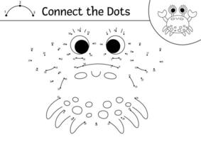 dot-to-dot and color activity with cute crab. Under the sea connect the dots game for children with funny water animal. Ocean life coloring page for kids. Printable worksheet vector