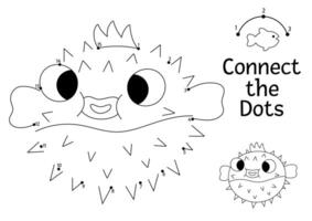 dot-to-dot and color activity with cute blow fish. Under the sea connect the dots game for children with funny water animal. Ocean life coloring page for kids. Printable worksheet vector