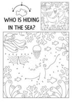 dot-to-dot and color activity with cute whale hidden in landscape. Under the sea connect the dots game for children with funny water animal. Ocean life coloring page for kids with fish vector