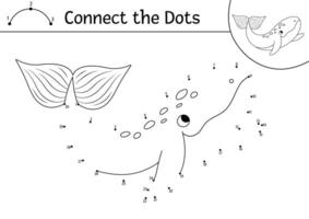 dot-to-dot and color activity with cute whale. Under the sea connect the dots game for children with funny water animal. Ocean life coloring page for kids. Printable worksheet with fish vector