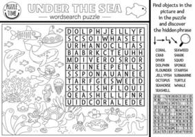 black and white under the sea word search puzzle for kids. Simple ocean life line word search quiz for children. Water animals and fish educational activity, coloring page with octopus, diver vector