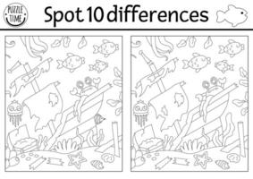 Find differences game for children. Black and white educational activity with wrecked ship, sea landscape. Ocean life line puzzle for kids with boat. Underwater printable coloring page vector