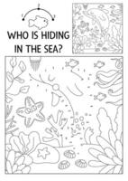 dot-to-dot and color activity with cute dolphin hidden in landscape. Under the sea connect the dots game for children with funny water animal. Ocean life coloring page for kids with fish vector