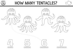 Match the numbers black and white under the sea game with octopus and tentacles. Ocean life line math activity for preschool kids. Marine educational counting coloring page with water animal vector