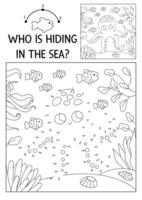 dot-to-dot and color activity with cute octopus hidden in landscape. Under the sea connect the dots game for children with funny water animal. Ocean life coloring page for kids with fish vector