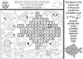 black and white under the sea word search puzzle for kids. Simple ocean life line word search quiz for children. Water animals and fish coloring page. What kinds of fishes do you know vector