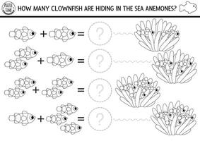 cómo muchos pez payaso juego. debajo el mar negro y blanco matemáticas adición actividad para preescolar niños. sencillo Oceano vida línea imprimible contando colorante página para niños con agua animales, pez, algas marinas vector