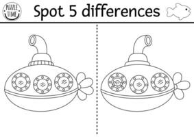 Find differences game for children. Under the sea black and white educational activity with cute submarine. Ocean life line puzzle for kids with boat. Underwater printable coloring page vector