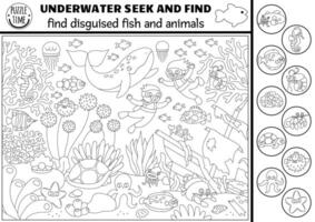 black and white under the sea searching game with sea landscape, divers. Spot hidden fish. Simple ocean life seek and find activity, coloring page for kids. Disguised water animals hunt vector
