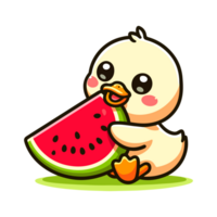 cute duck eat watermelon cartoon icon character png