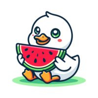 cute duck eat watermelon cartoon icon character png