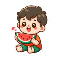 cute boy eat watermelon cartoon icon character png