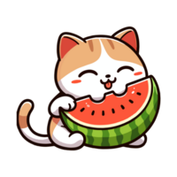 cute cat eating watermelon cartoon icon character png