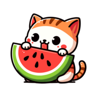 cute cat eating watermelon cartoon icon character png