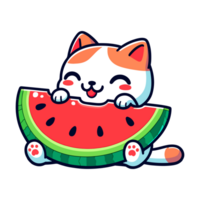 cute cat eating watermelon cartoon icon character png