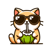 cute cat wearing sunglasses and drinking coconut icon character png
