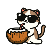 cute cat wearing glasses and drinking coconut icon character png