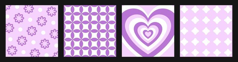 Retro purple background set of four square cards and patterns, y2k aesthetics, abstract backdrops. vector