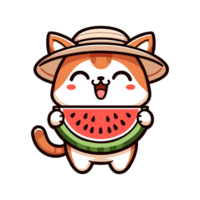 cute cat eating watermelon cartoon icon character png