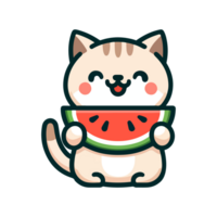 cute cat eating watermelon cartoon icon character png