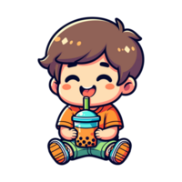 cute boy drink boba cartoon icon character png