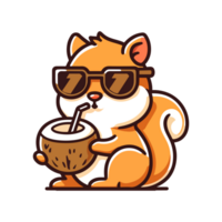 cute squirrel wearing glasses and drinking coconut icon character png