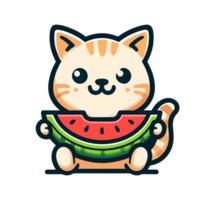 cute cat eating watermelon cartoon icon character png