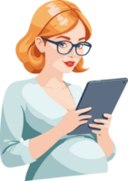 Pregnant woman wears glasses searching data from tablet, preparing for the birth, infographic, stages of pregnancy, relaxing, entertainment, birth plan, health, family, lifestyle, discrimination, HR png