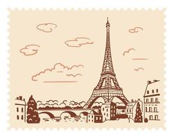 The Eiffel Tower in Paris with a postage stamp in the background of the city. Landmark of Paris. Linear illustration. Doodle style vector