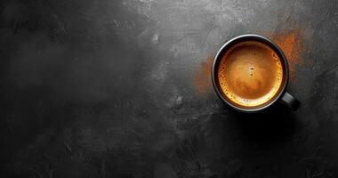 Top View of a Cup of Latte Art Coffee on Black Background With Coffee Beans photo