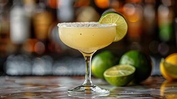 Refreshing Lime Margarita With Salt Rim on Bar Counter photo