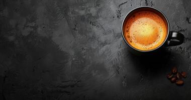 Top View of a Cup of Latte Art Coffee on Black Background With Coffee Beans photo