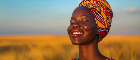 Woman In Colorful Headscarf Smiling In Golden Field At Sunset photo