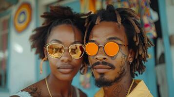 Young Couple Wearing Sunglasses and Smiling in Front of Colorful Wall photo