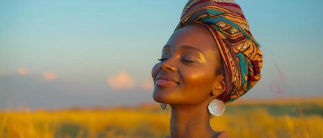 Woman In Colorful Headscarf Smiling In Golden Field At Sunset photo