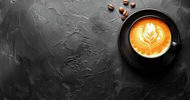 Top View of a Cup of Latte Art Coffee on Black Background With Coffee Beans photo