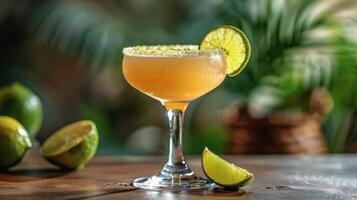 Refreshing Lime Margarita With Salt Rim on Bar Counter photo