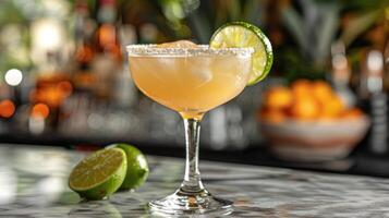 Refreshing Lime Margarita With Salt Rim on Bar Counter photo