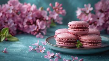 rosado macarons con delicado flores en un azul antecedentes foto