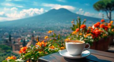 A Cup of Coffee With a View of Mount Vesuvius in Naples, Italy photo