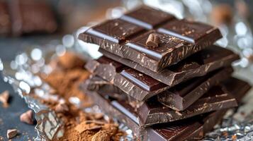 Dark Chocolate Bars Stacked on Foil, Close-Up photo