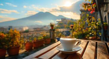 A Cup of Coffee With a View of Mount Vesuvius in Naples, Italy photo