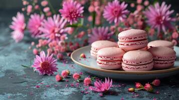 rosado macarons con delicado flores en un azul antecedentes foto