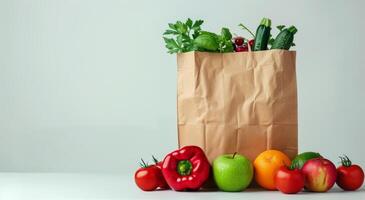 Brown Paper Bag Filled With Fresh Produce on White Background photo