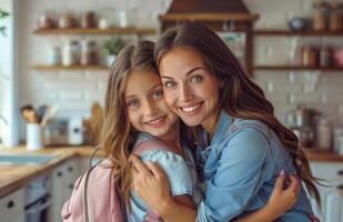 contento madre y hija Listo para colegio en un moderno cocina foto