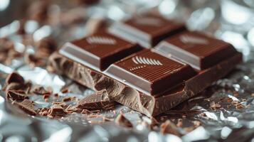 A Piece of Dark Chocolate on Silver Foil Wrapping photo