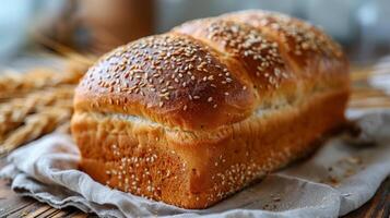 Freshly Baked Loaf of Bread on Wooden Cutting Board photo